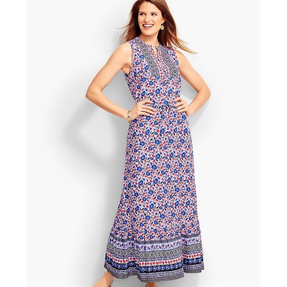 Talbots Women Blue Red Floral Maxi Dress‎ Sleeveless Drawstring Waist Size 16